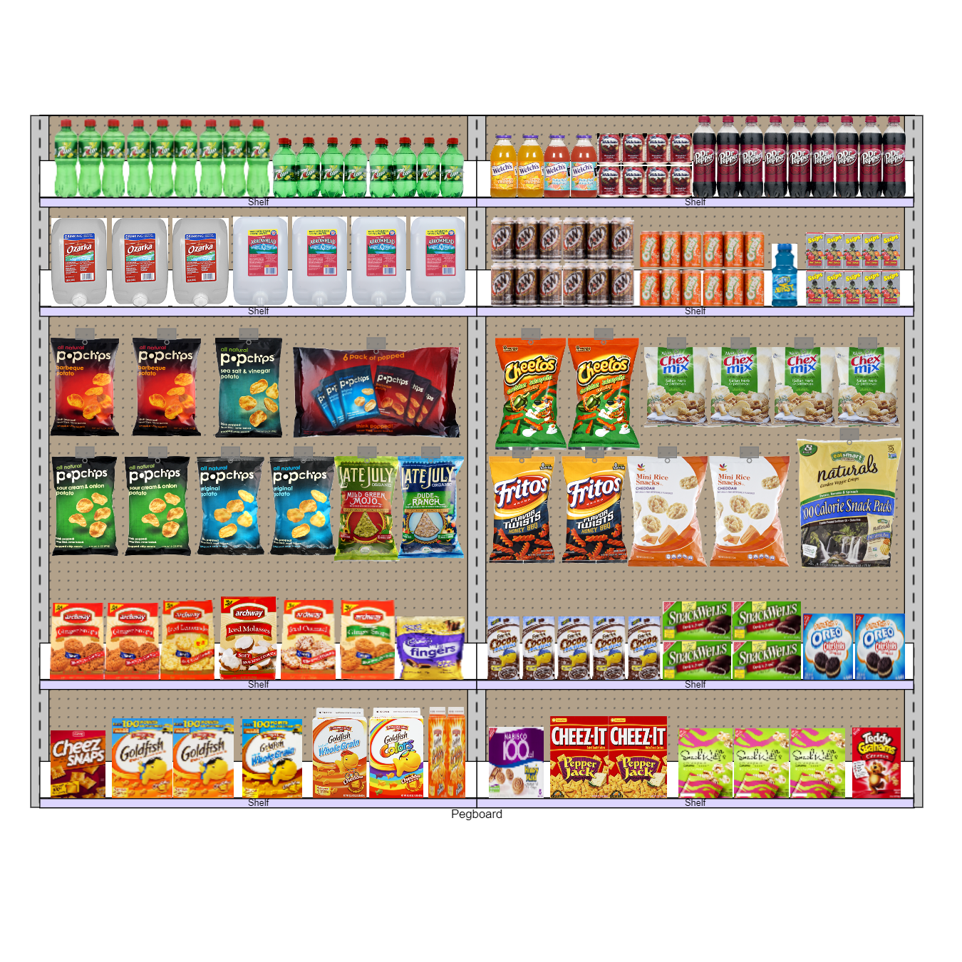 Grocery planogram display, shelves and pegboard