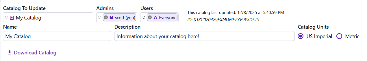 Name, description, units, and access control options for catalogs.