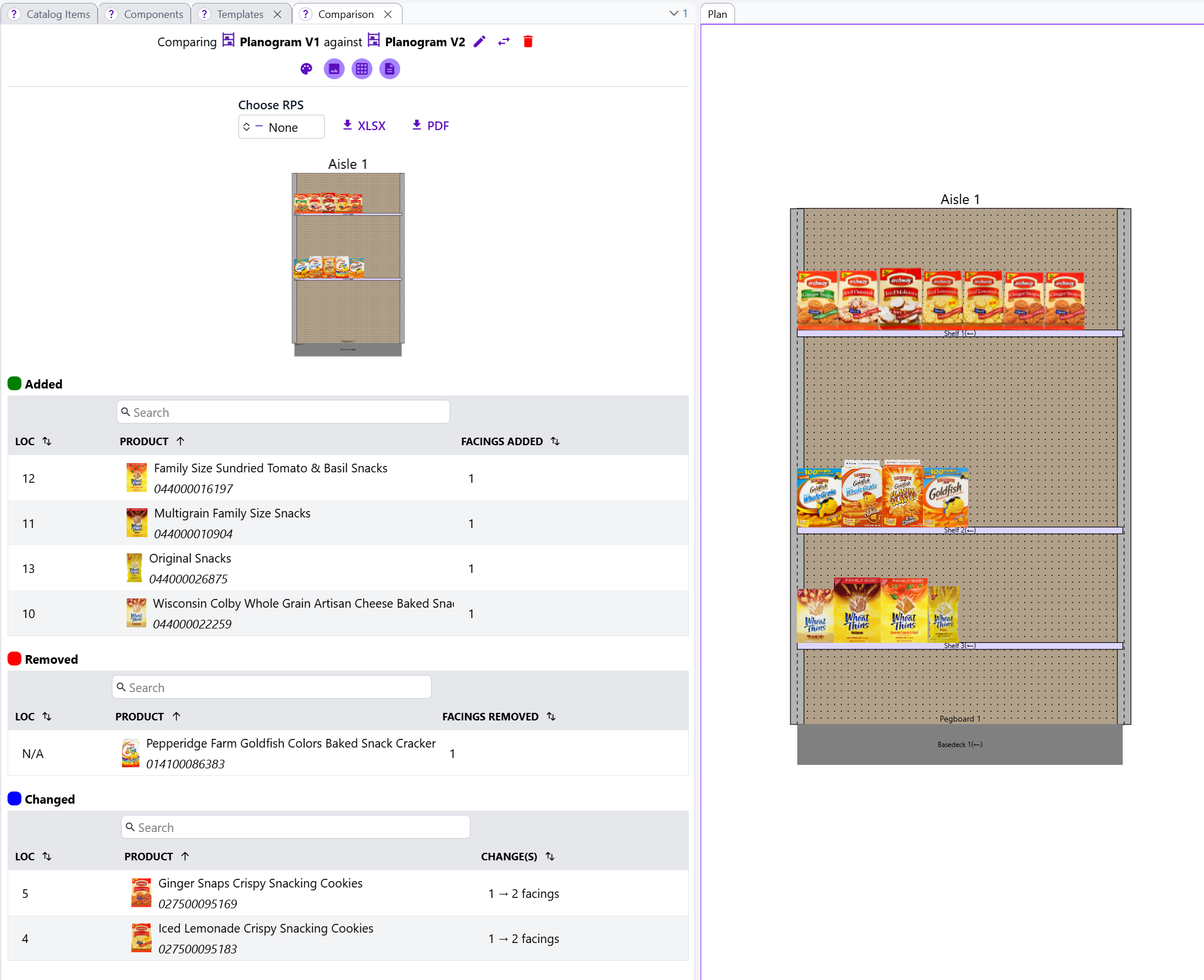 Example Comparison view, showing added, removed, and changed items.