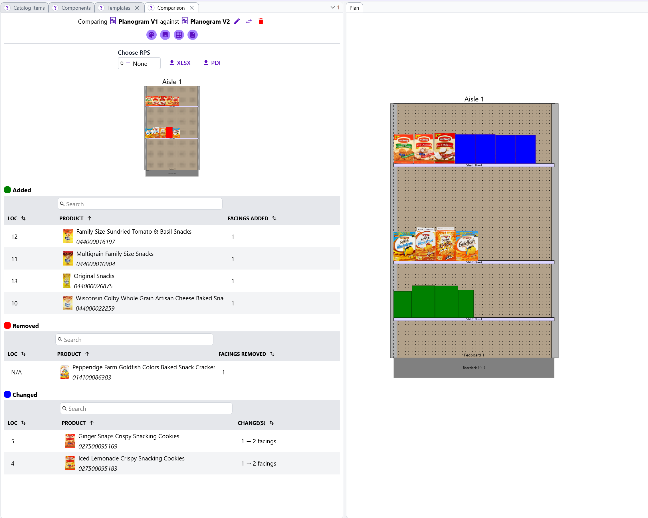 Comparison color view for this example, showing colors for added, removed, and changed items.