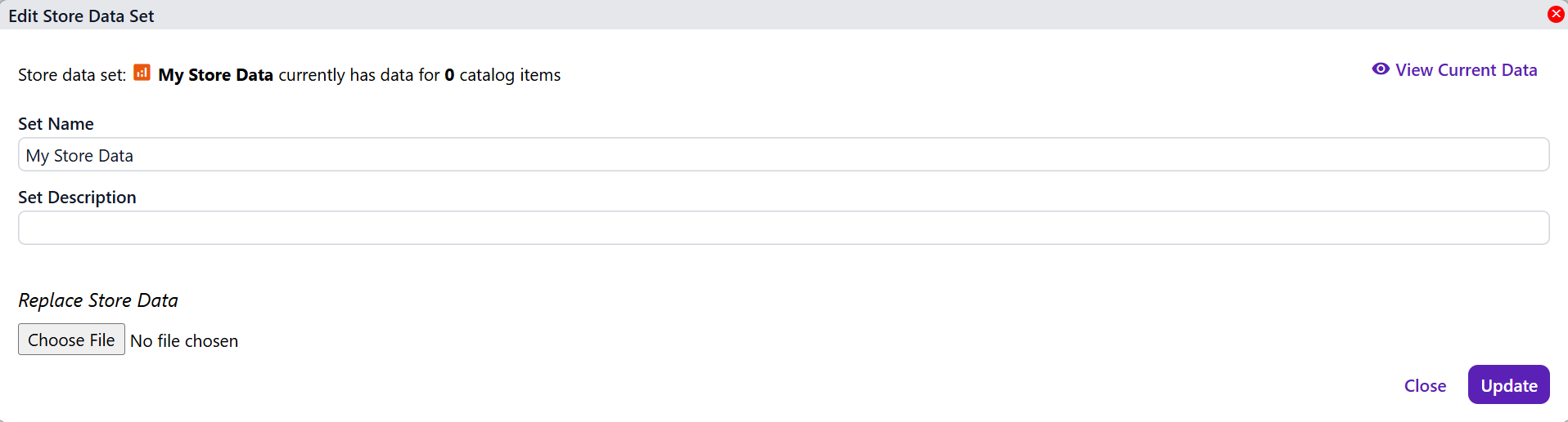 Dialog to edit Store Data files. Here you can specify the set name, description, and data.