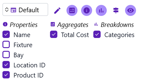 Checkboxes allowing the user to select specific Properties, Aggregates, and Breakdowns to include in Insights.