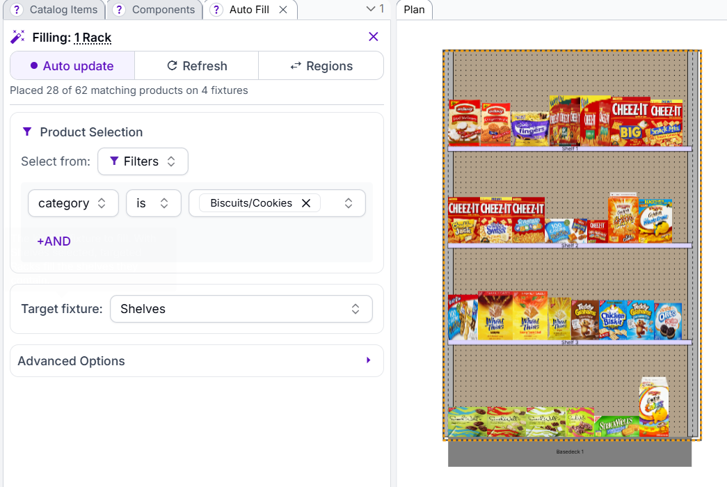 After an Auto Fill update runs, the fixture(s) will populate with the selected items - in this case, the Biscuits/Cookies category.