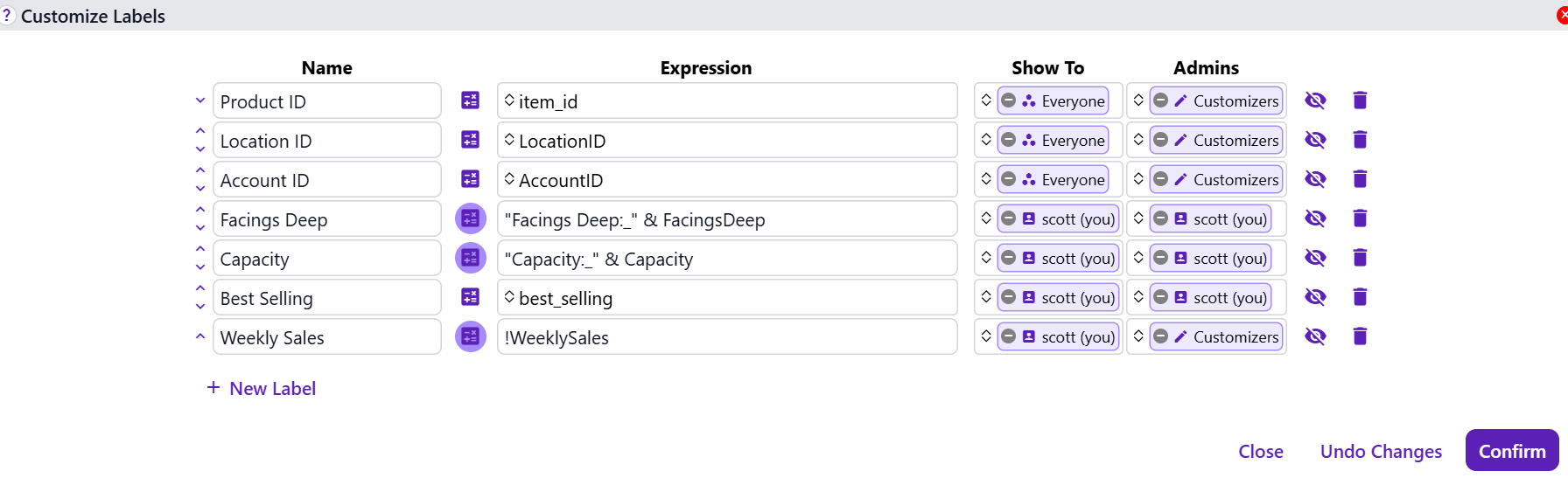 An example customization dialog -- this one is for Product Labels