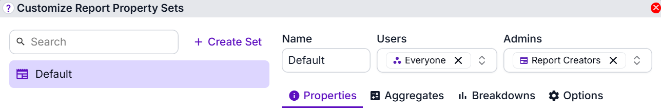 Inputs to specify name, users, and admins for a Report Property Set.