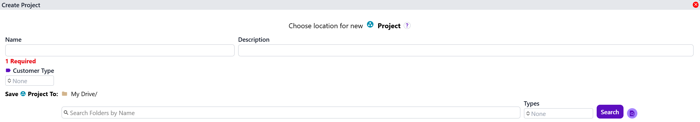 The Create Project dialog, which appears when a new Project File is created