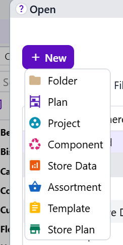 Open Dialog's +New menu options