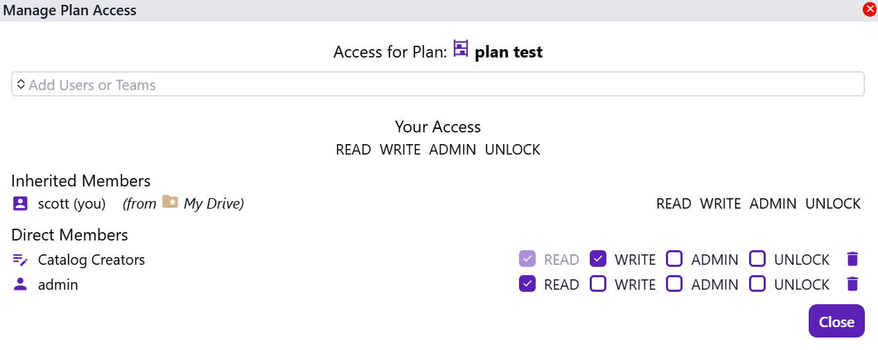 Filesystem item privileges dialog