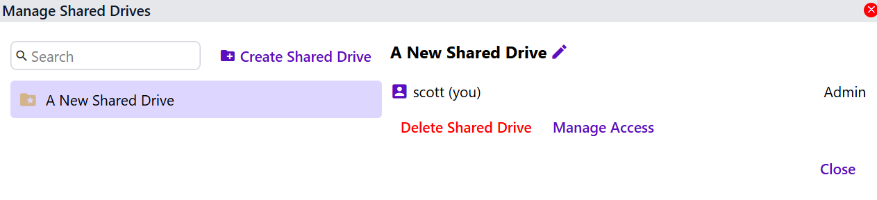 The Manage Shared Drives dialog