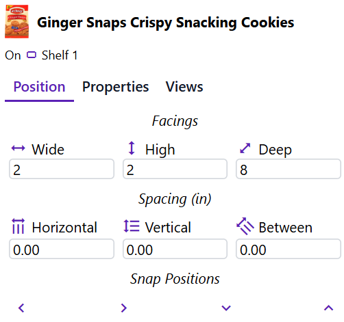 The Inspector when a Position is selected. This can be used to adjust facings and spacing.