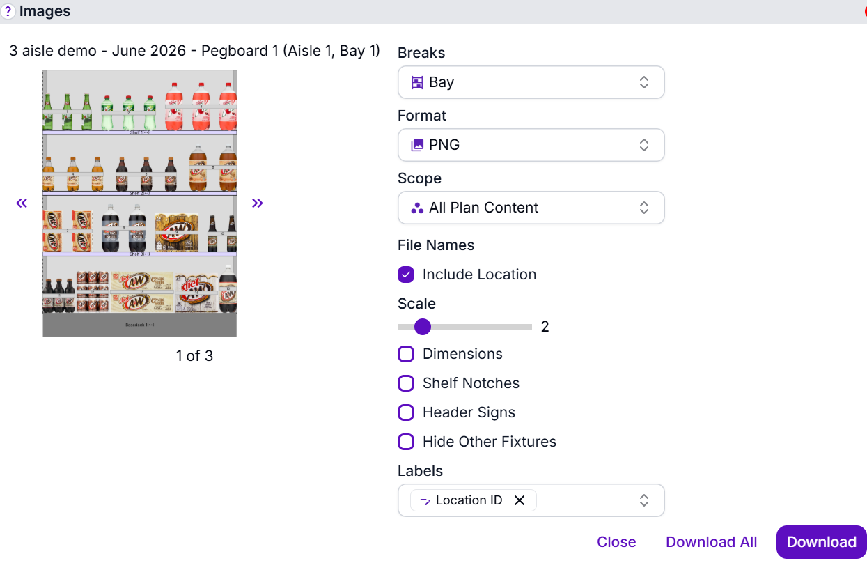Export → Images dialog to print all planogram contents.