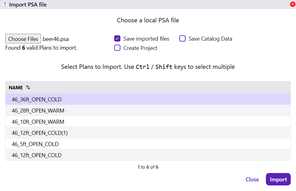 Select one or more planograms to import.