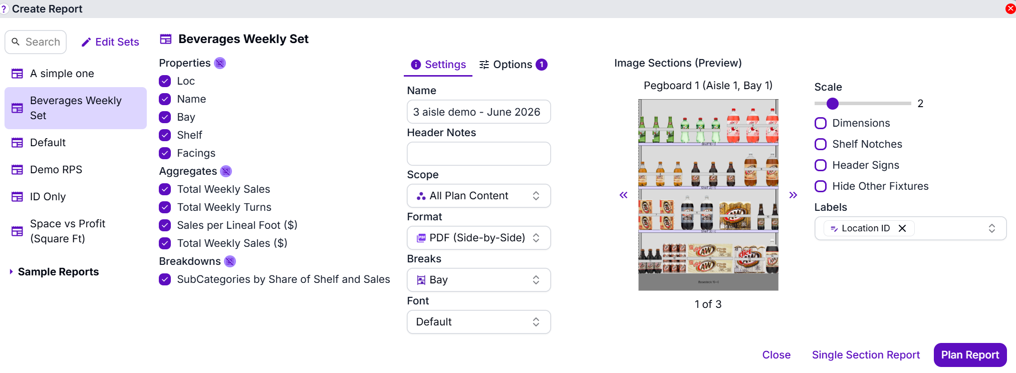 The Create Report dialog. From left to right: the Report Property Set list, the data to include, the report options, and the image preview.